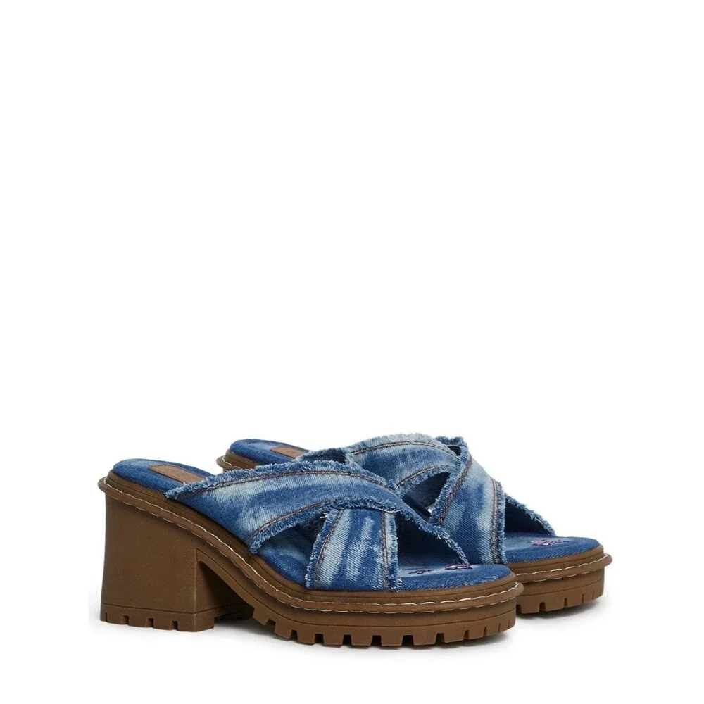 Delia's by Dolls Kill Star Worthy Cross Strap Slides 7 Denim Block Heel Sandals